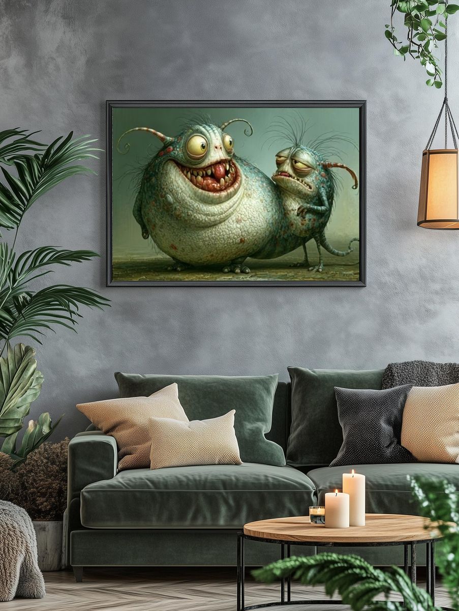 Quirky Monster Duo Illustration Poster. — room view 4