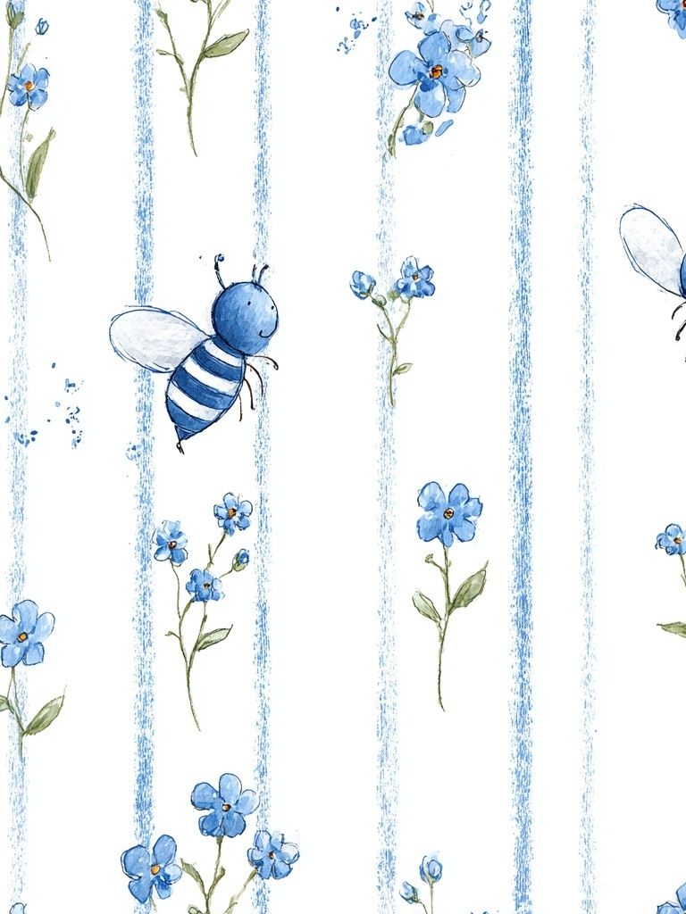 Blue Bees and Flowers Watercolor Print. poster detail