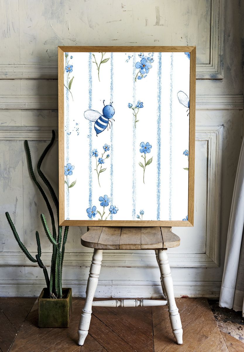 Blue Bees and Flowers Watercolor Print. room preview