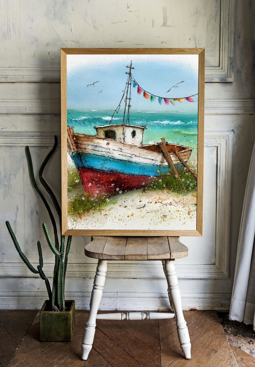 Coastal Fishing Boat Watercolor Poster. room preview