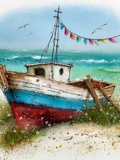 Coastal Fishing Boat Watercolor Poster.