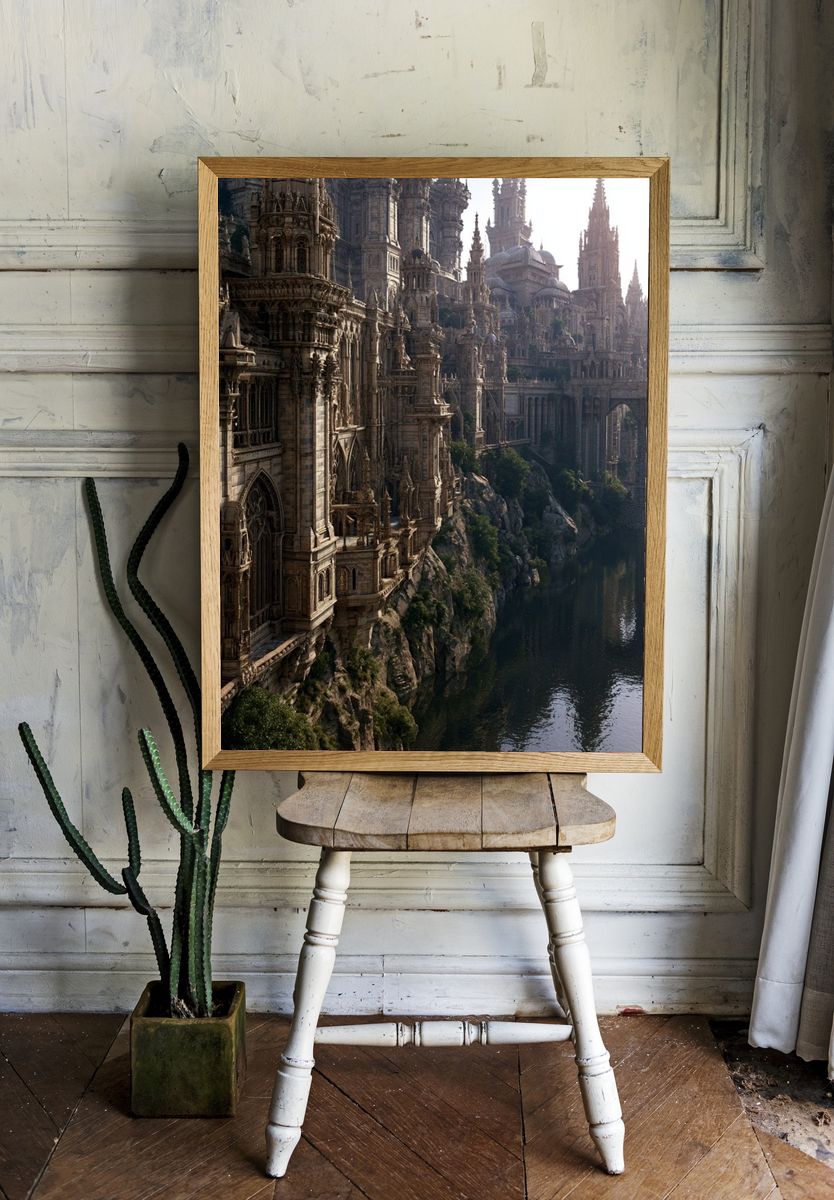 Fantasy Gothic Cityscape Print. room preview