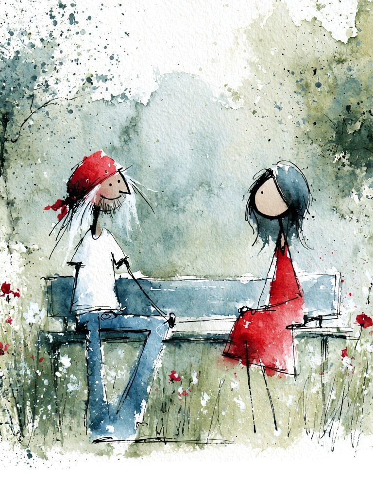 Couple on Bench Watercolor Print. poster — illustration art
