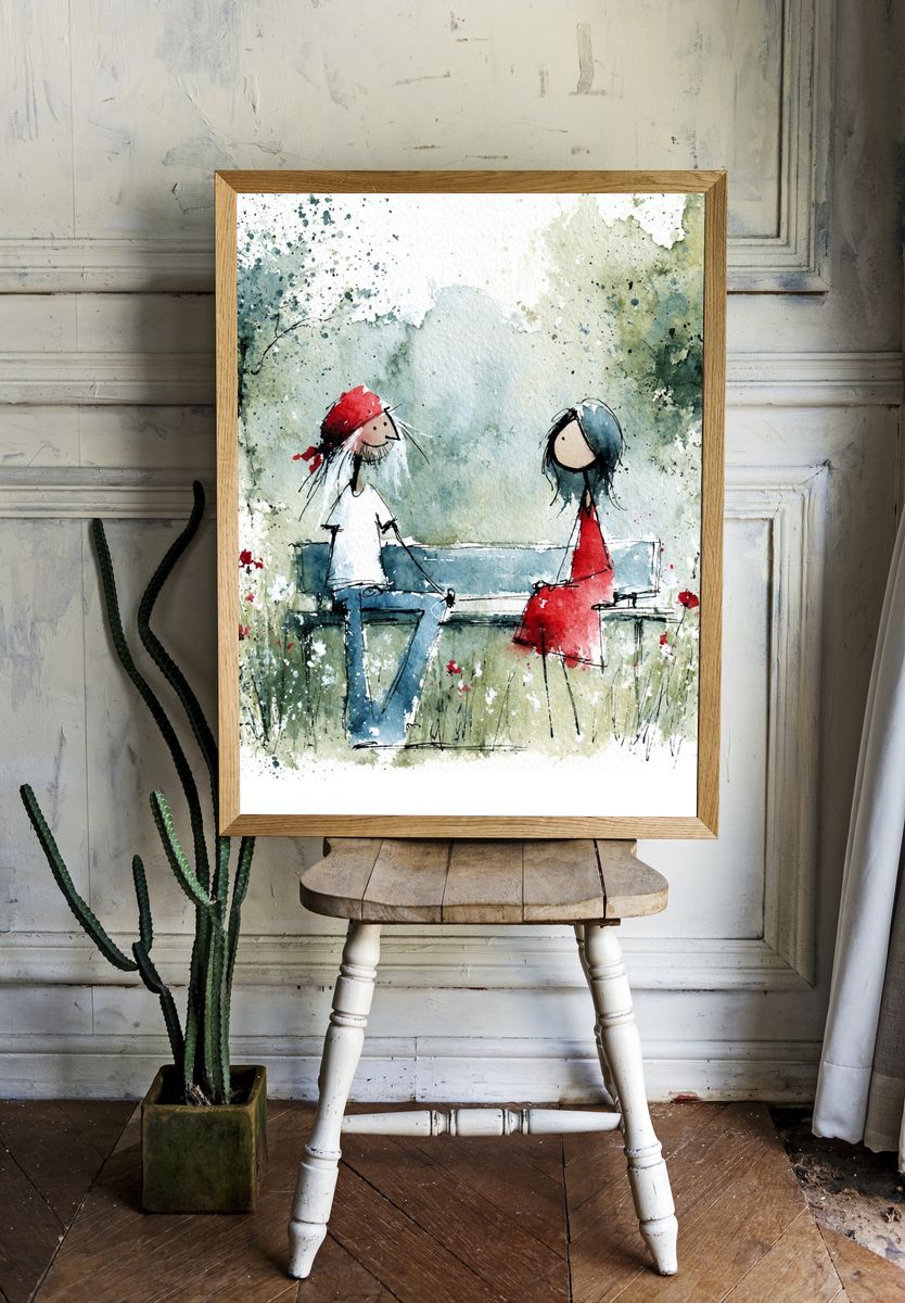 Couple on Bench Watercolor Print. — room view 1