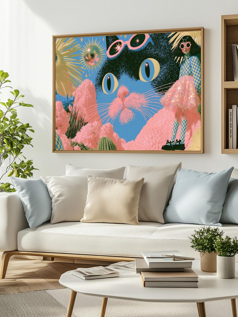 Surreal Cat Dreamscape Illustration Poster. — room view 2