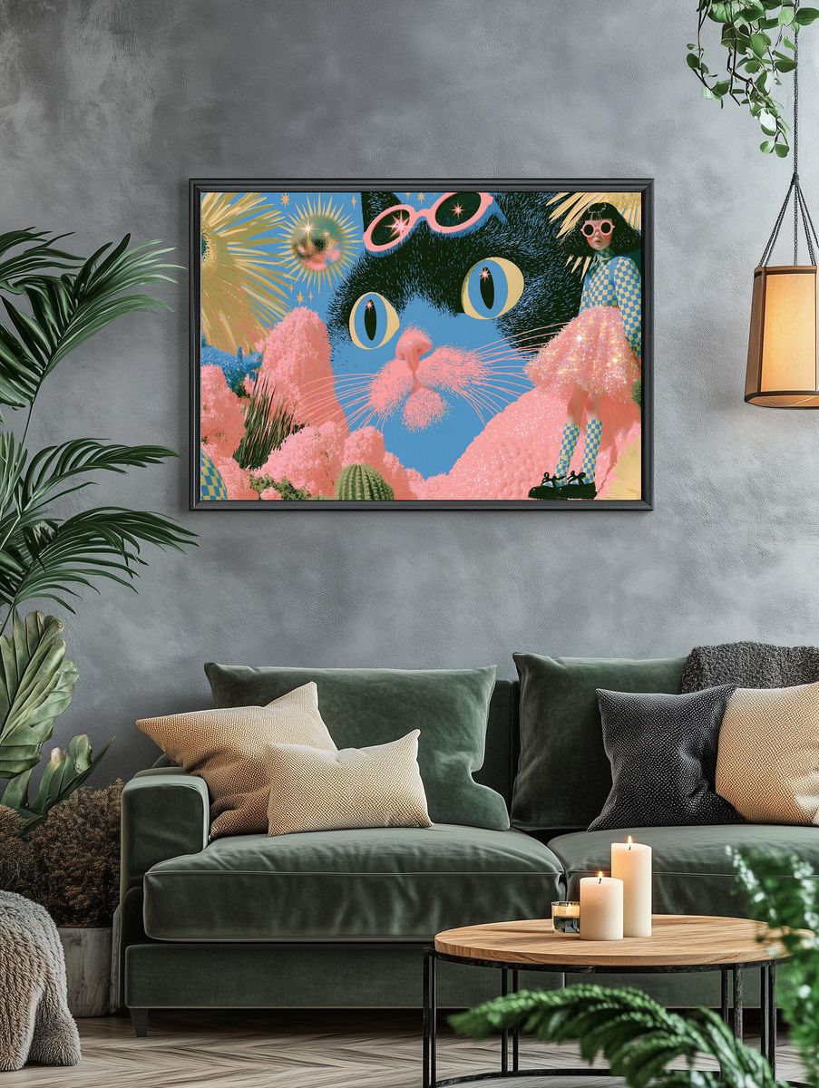 Surreal Cat Dreamscape Illustration Poster. — room view 4