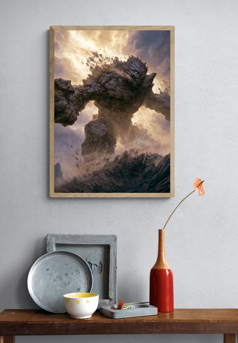 Stone Golem Fantasy Illustration Poster. — room view 3