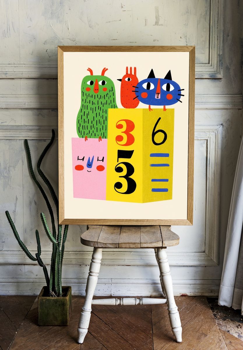 Playful Cat and Friends Illustration Poster. — room view 1