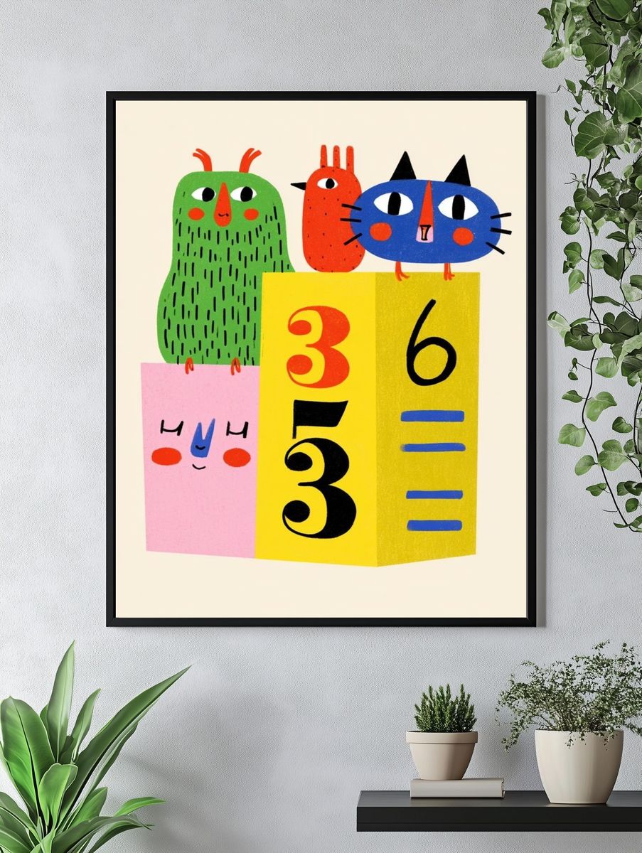 Playful Cat and Friends Illustration Poster. — room view 4