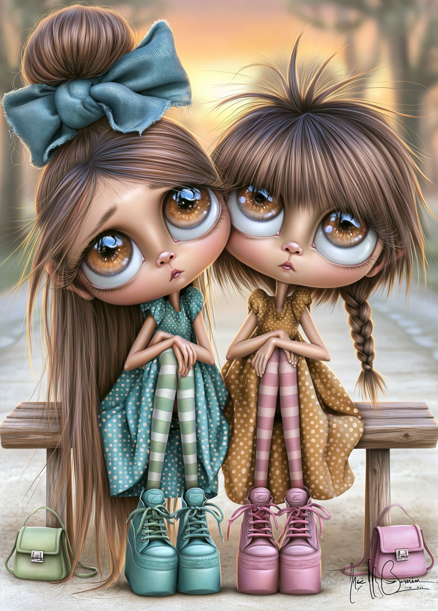 Whimsical Doll Sisters Illustration Poster. poster — illustration art