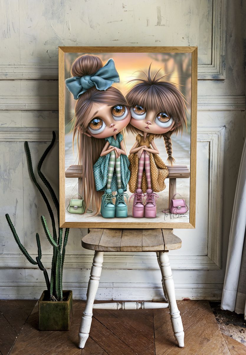 Whimsical Doll Sisters Illustration Poster. — room view 1