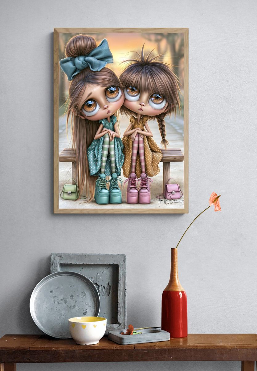 Whimsical Doll Sisters Illustration Poster. — room view 3
