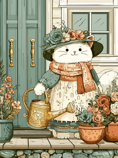 Floral Cat Gardener Illustration Poster. poster print