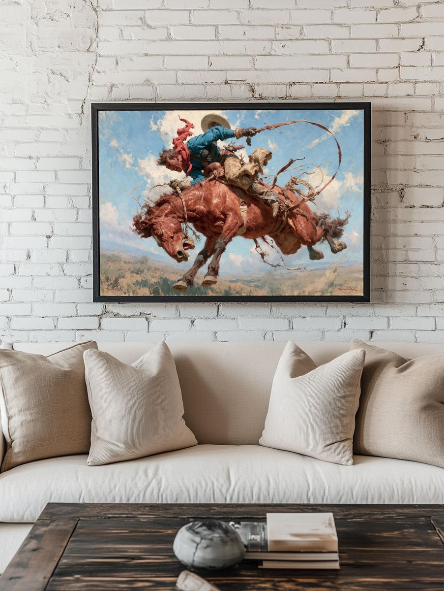 Bucking Bronco Rodeo Illustration Print. room preview