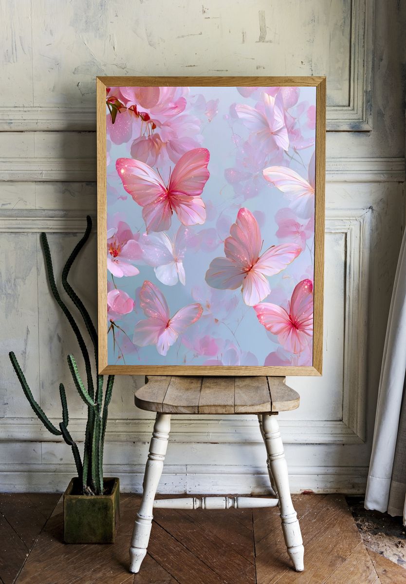 Pink Butterfly Blossom Illustration Poster. — room view 1