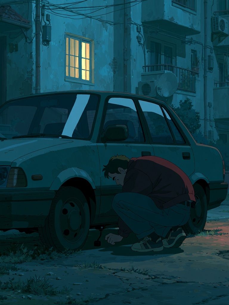 Midnight Car Repair Illustration Print. poster detail