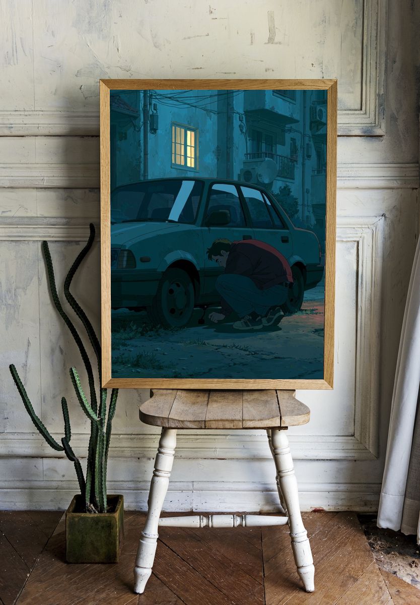 Midnight Car Repair Illustration Print. room preview