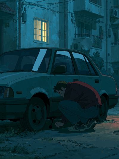 Midnight Car Repair Illustration Print. poster