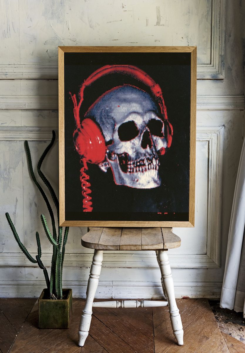 Skull with Headphones — Dark Print. — room view 1