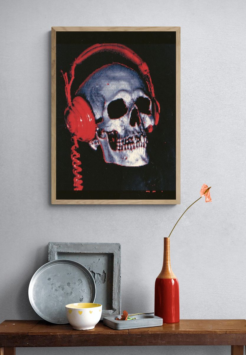 Skull with Headphones — Dark Print. — room view 3