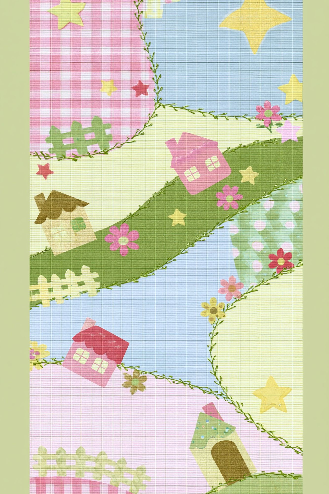 Pastel Patchwork Village Print. poster detail
