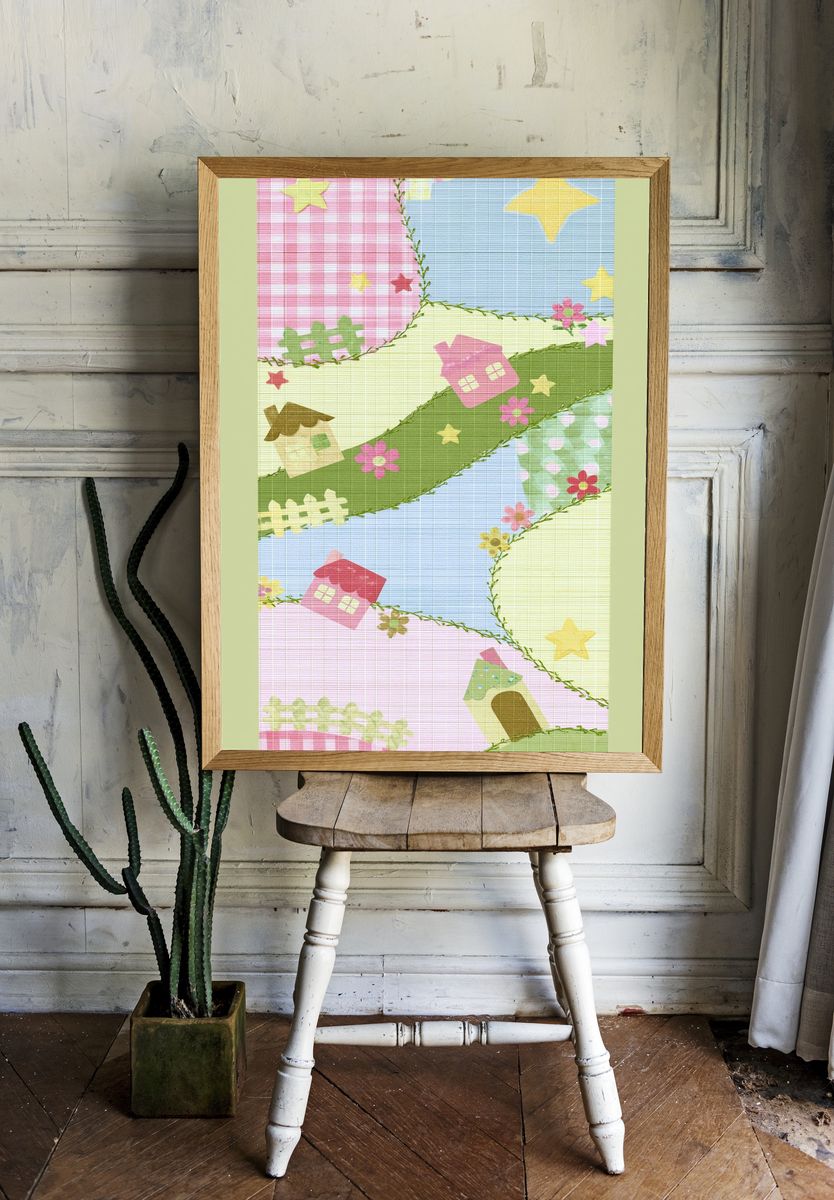 Pastel Patchwork Village Print. room preview