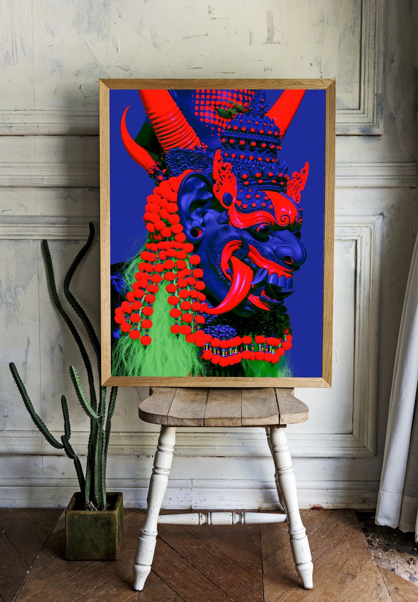 Neon Oni Mask Illustration Poster. — room view 1