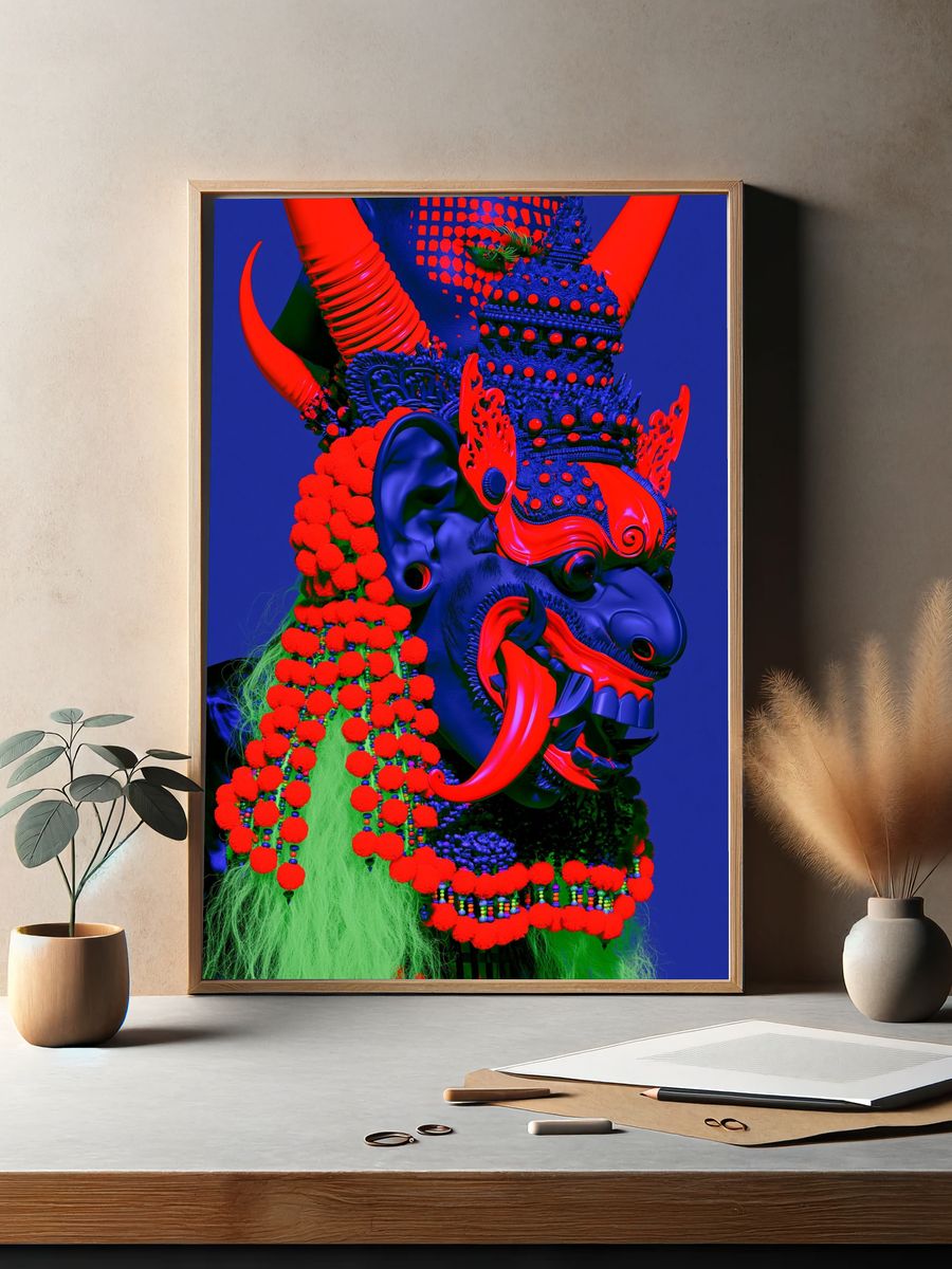 Neon Oni Mask Illustration Poster. — room view 2