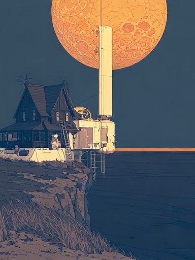 Moonlit Cliff House Illustration Poster. poster — illustration art