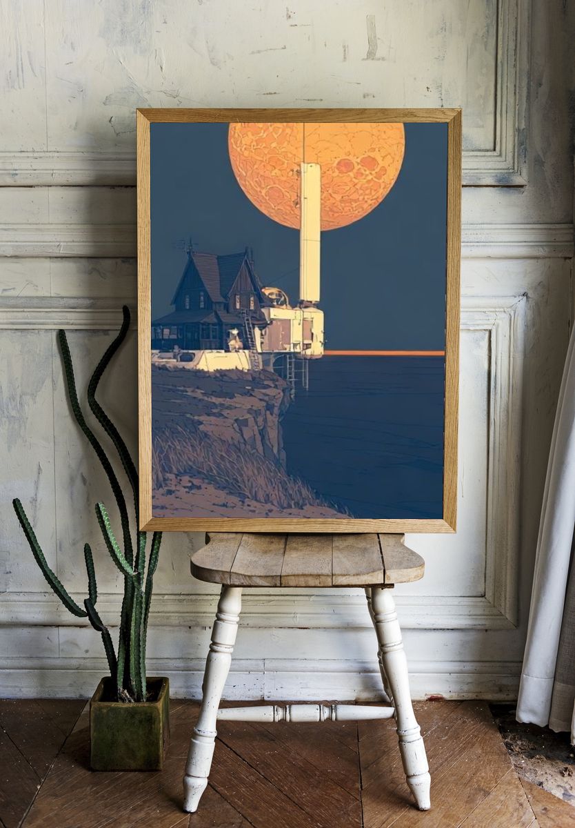 Moonlit Cliff House Illustration Poster. room preview