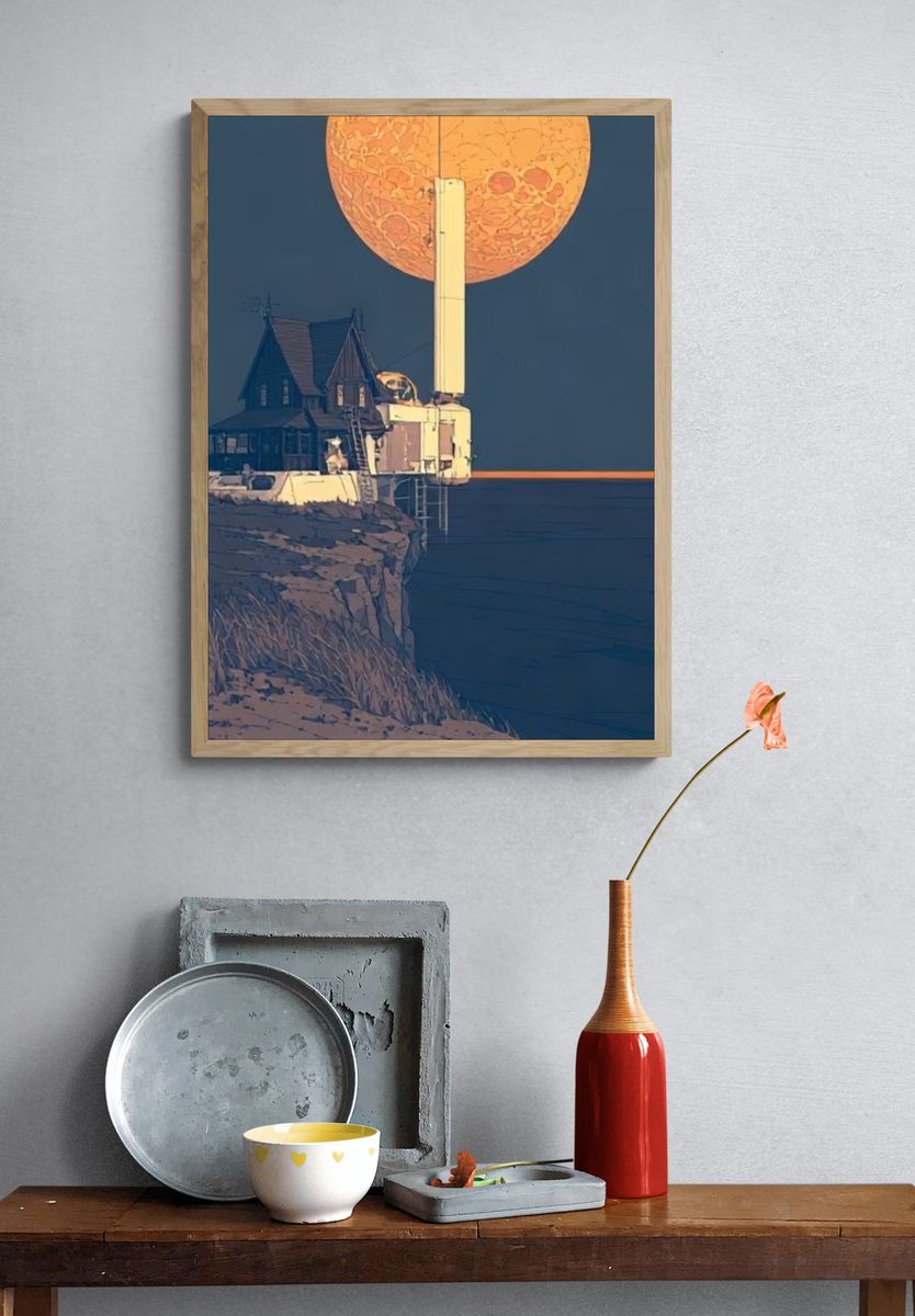 Moonlit Cliff House Illustration Poster. — room view 3
