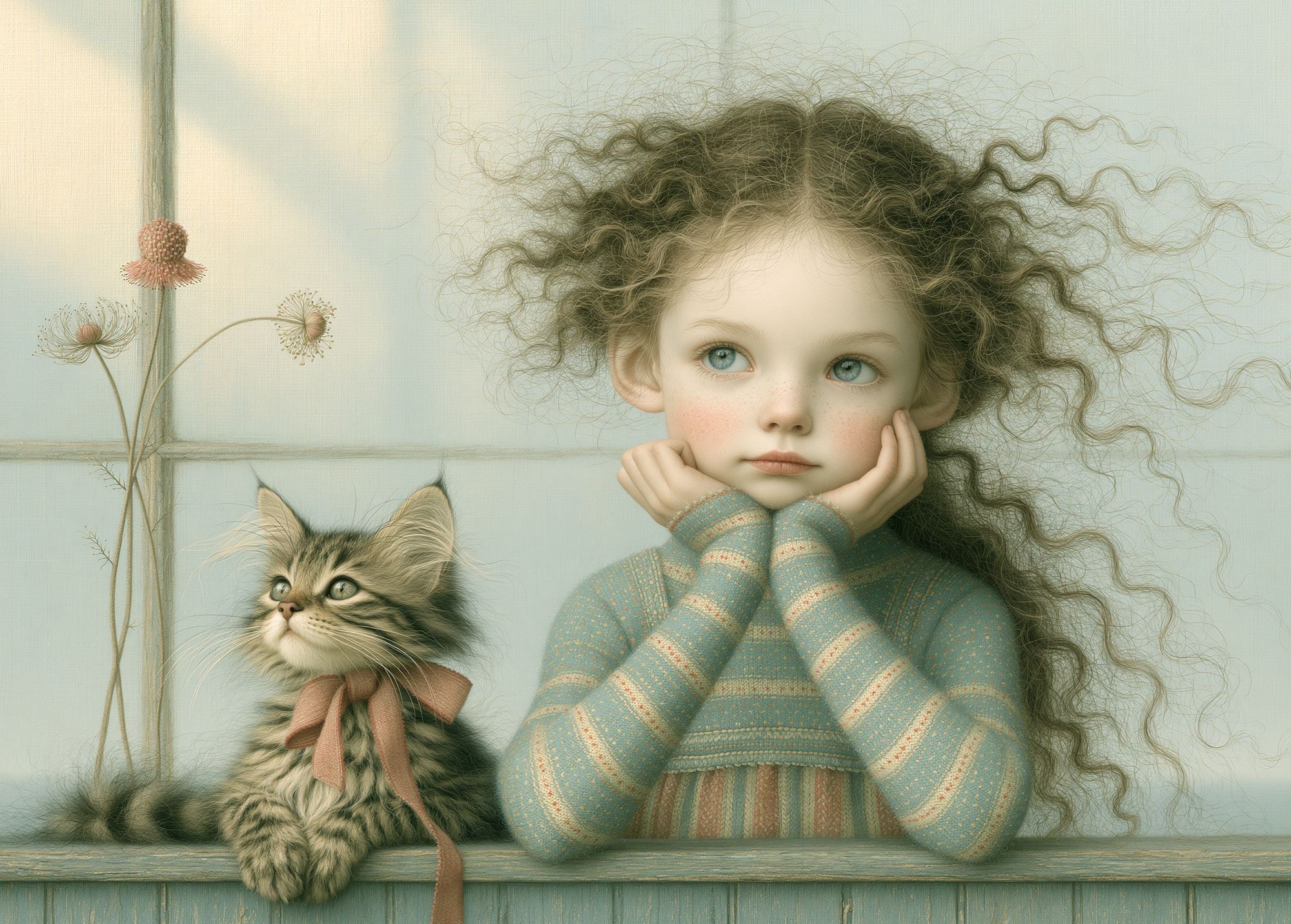 Girl and Kitten Whimsical Illustration Poster. poster detail