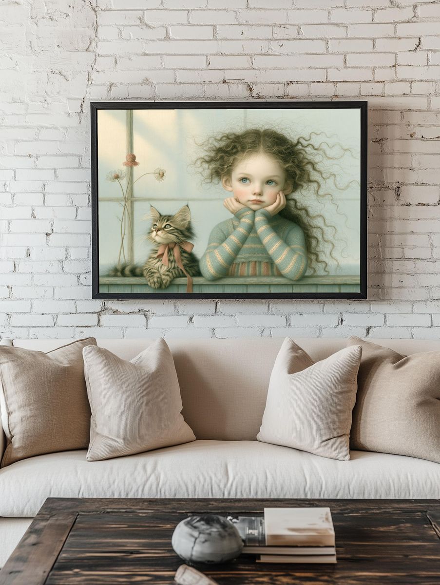 Girl and Kitten Whimsical Illustration Poster. — room view 1