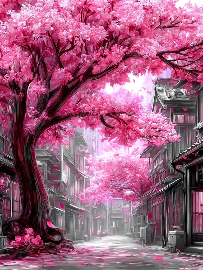 Cherry Blossom Alley Digital Art Poster. poster — illustration art