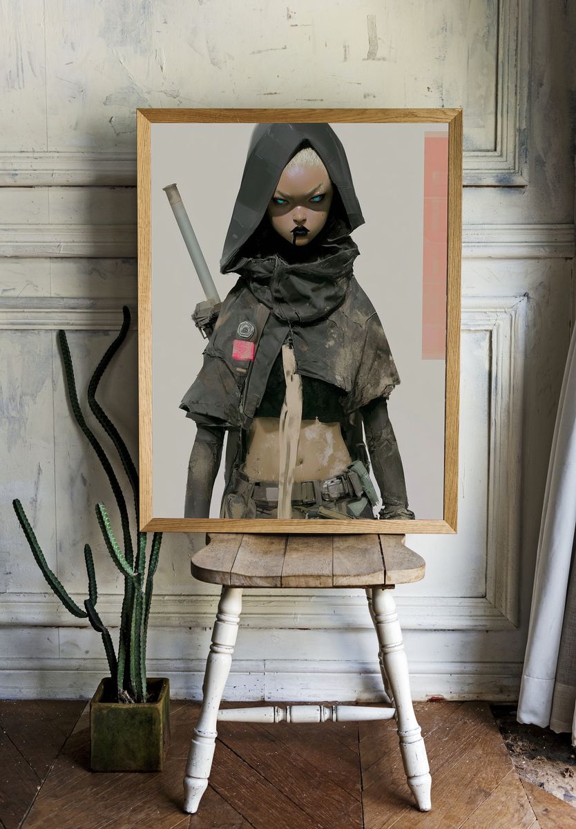 Cyberpunk Hooded Warrior Illustration Poster. room preview
