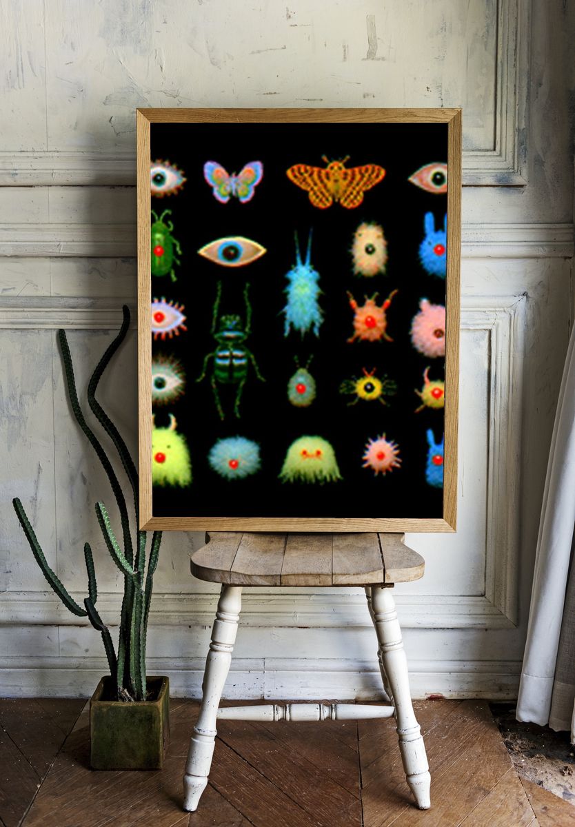 Surreal Bug and Eye Grid Print. room preview