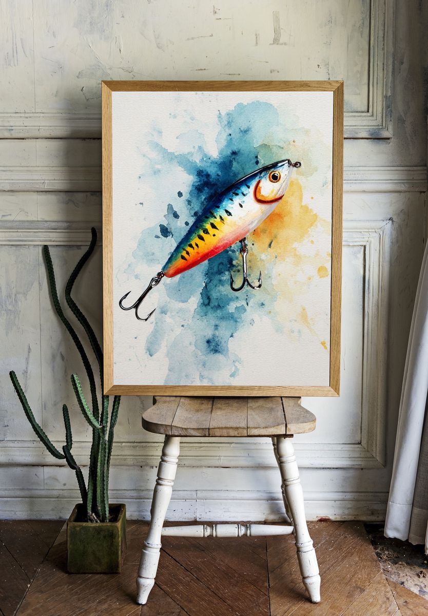 Colorful Fishing Lure Watercolor Print. — room view 1