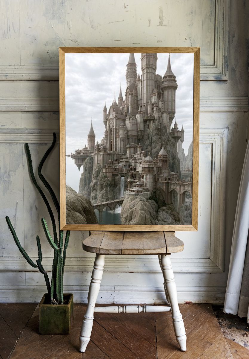 Fantasy Castle Cliffside Illustration Poster. — room view 1