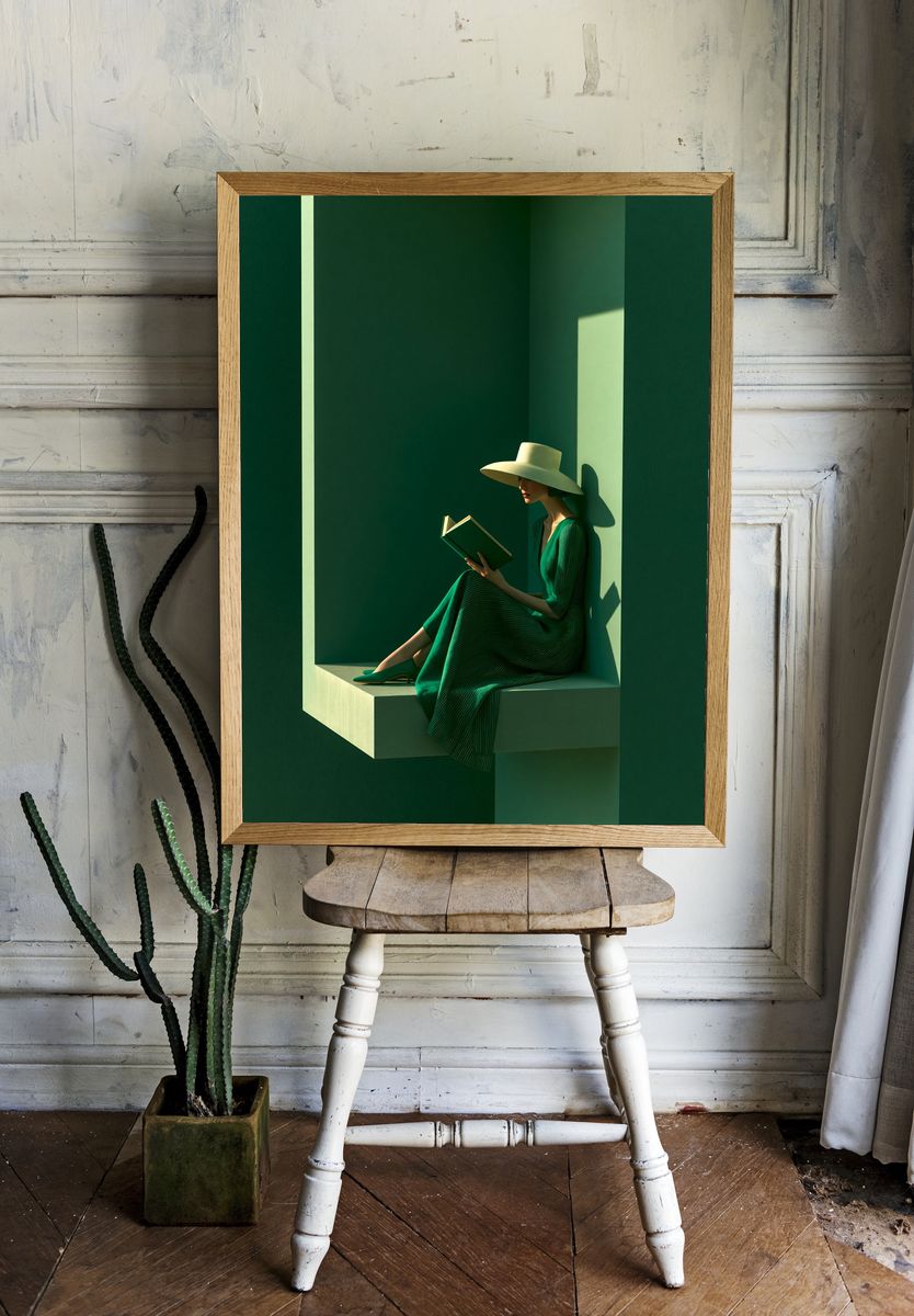 Green Reading Woman Fashion Poster. — room view 1