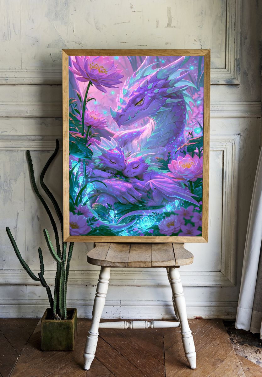Dreaming Dragon Lotus Illustration Poster. room preview
