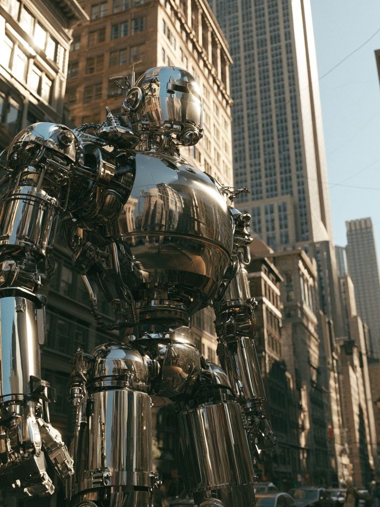 Chrome Robot Cityscape Poster. poster — illustration art
