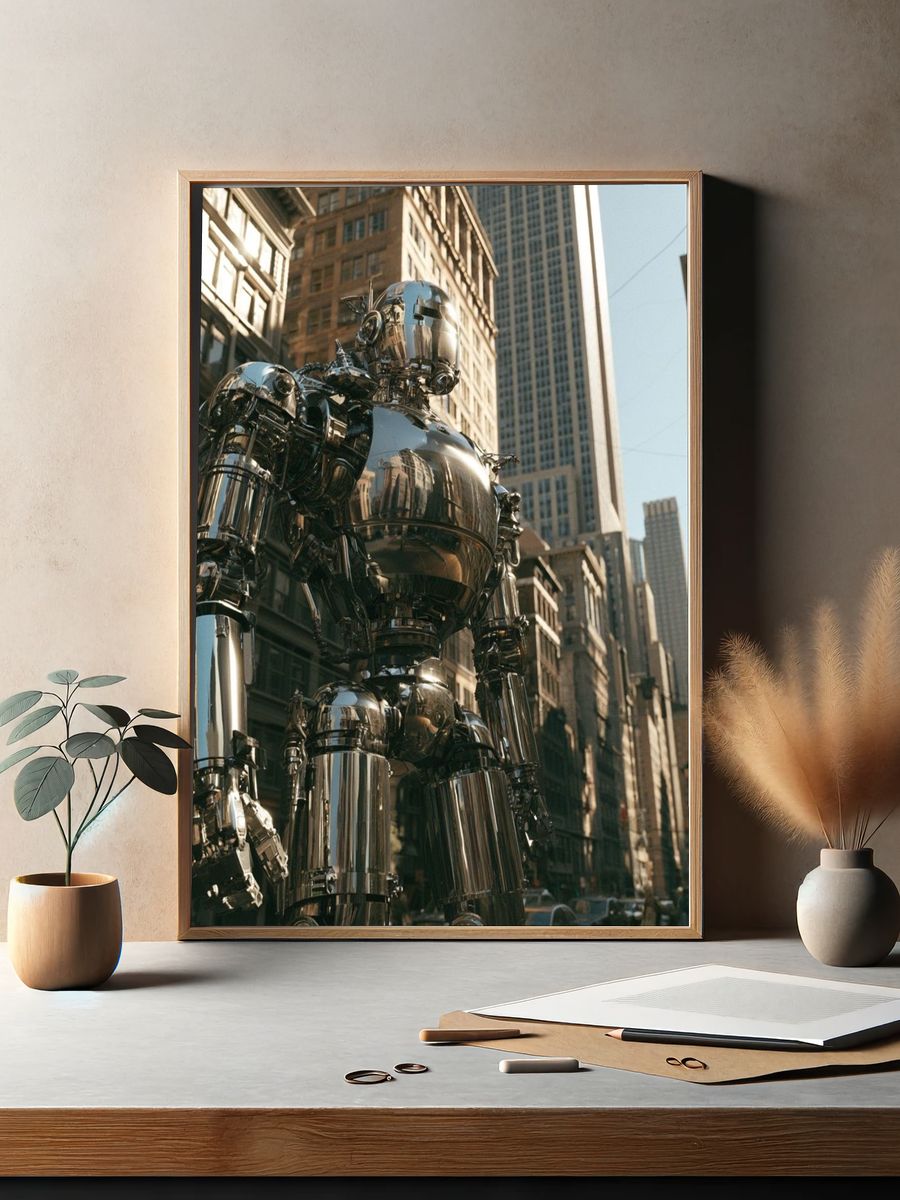 Chrome Robot Cityscape Poster. — room view 2
