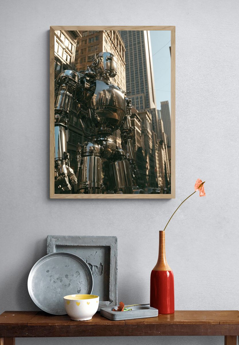 Chrome Robot Cityscape Poster. — room view 3