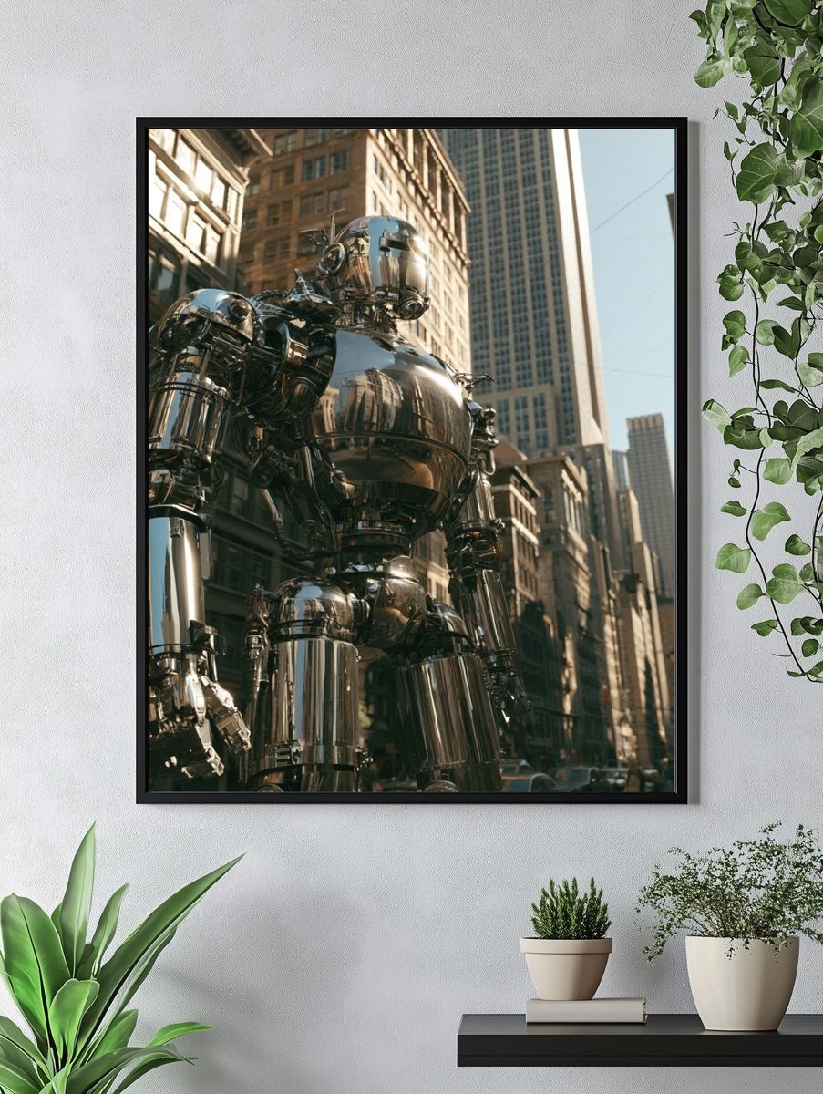 Chrome Robot Cityscape Poster. — room view 4