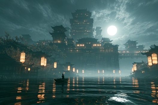 Moonlit Temple City Fantasy Print. poster — illustration art