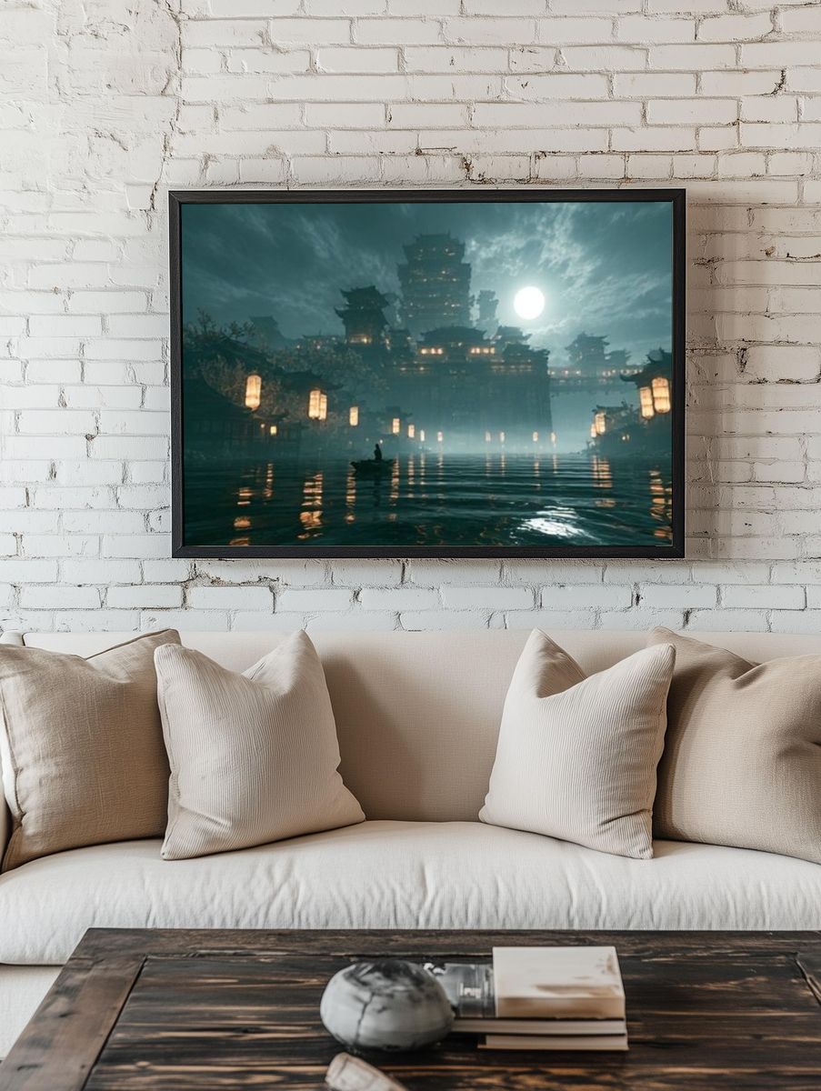Moonlit Temple City Fantasy Print. — room view 1