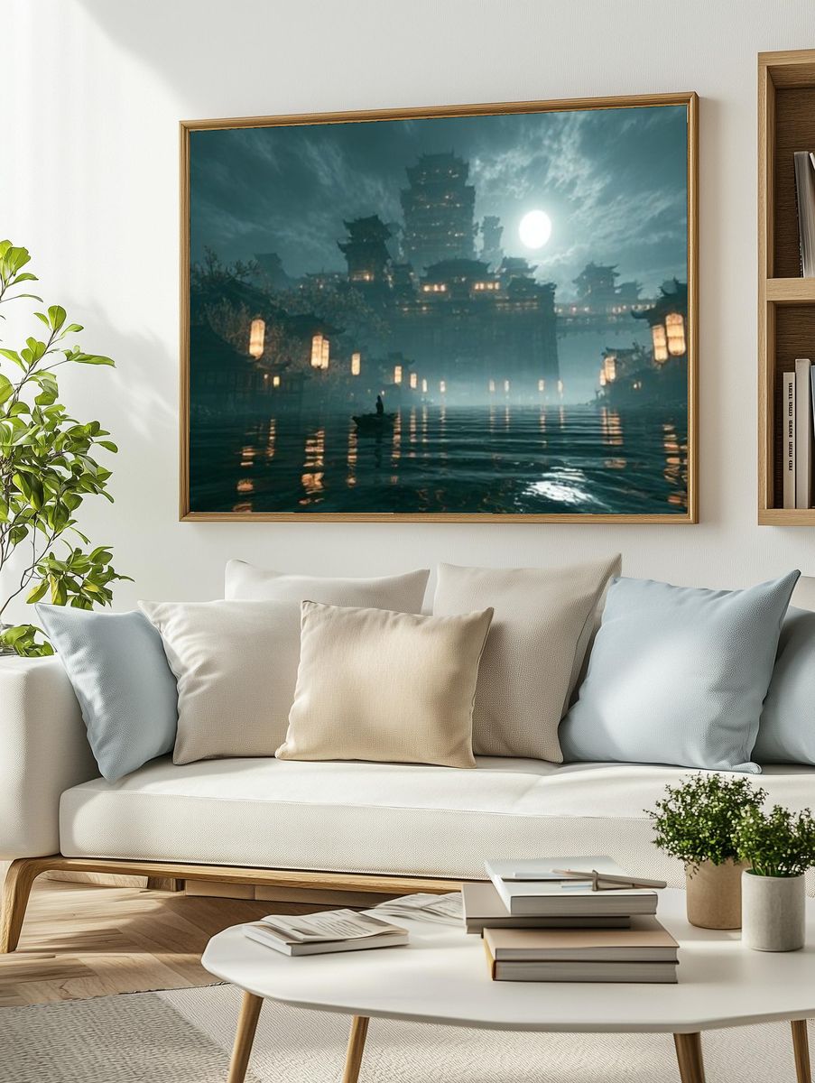 Moonlit Temple City Fantasy Print. — room view 2