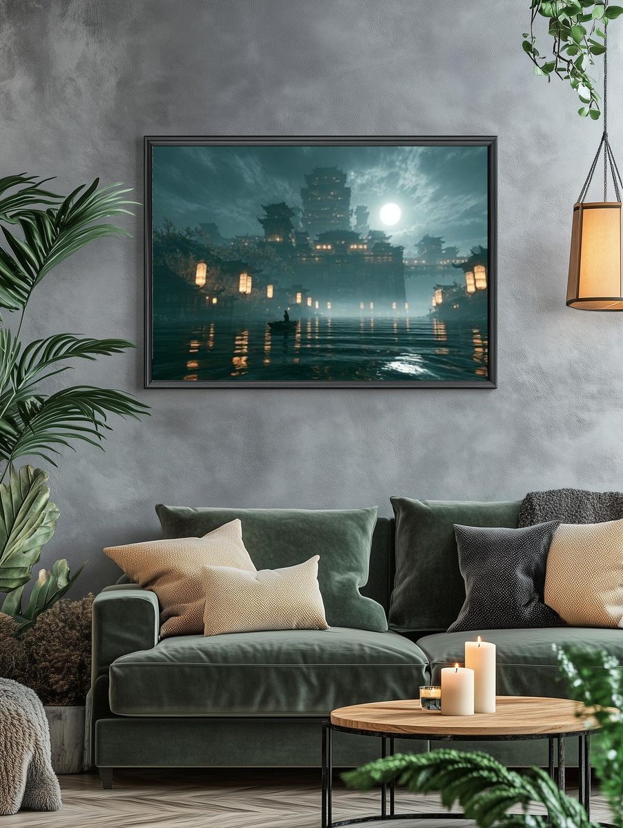 Moonlit Temple City Fantasy Print. — room view 4