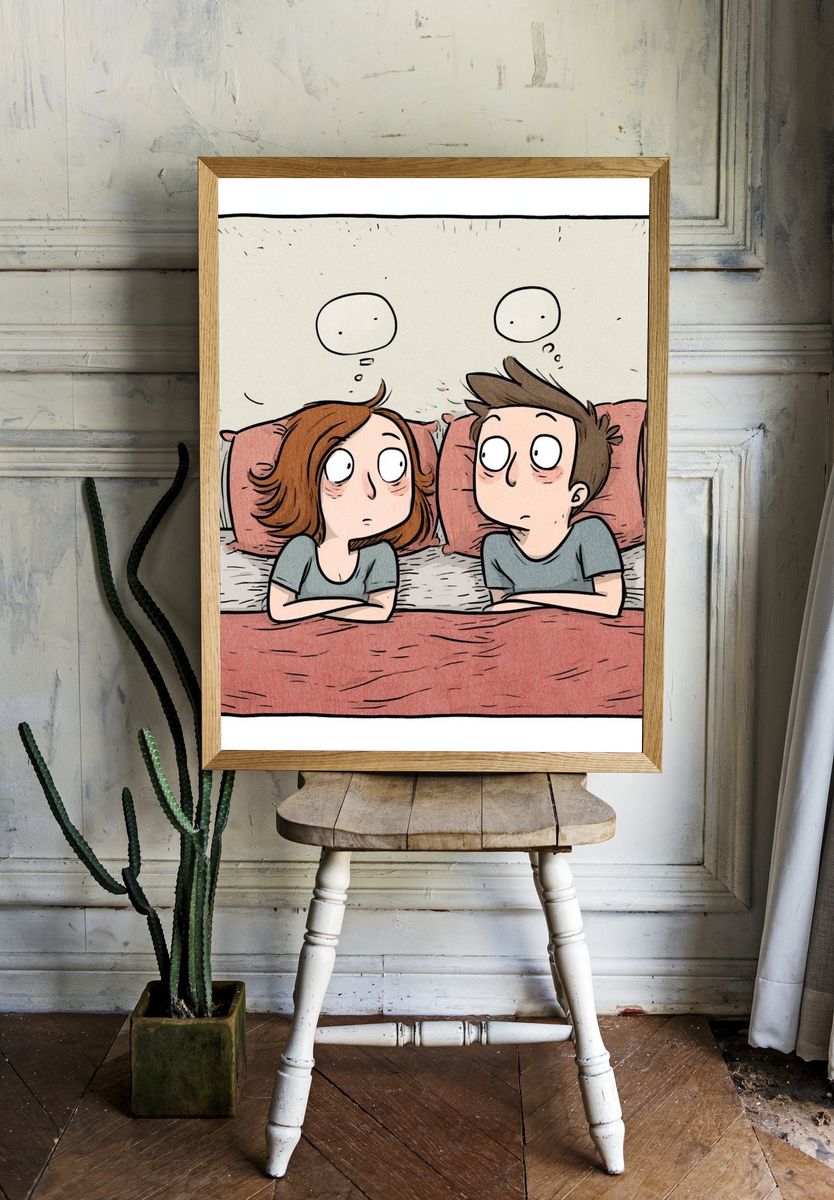Awkward Couple Bedtime Cartoon Poster. room preview