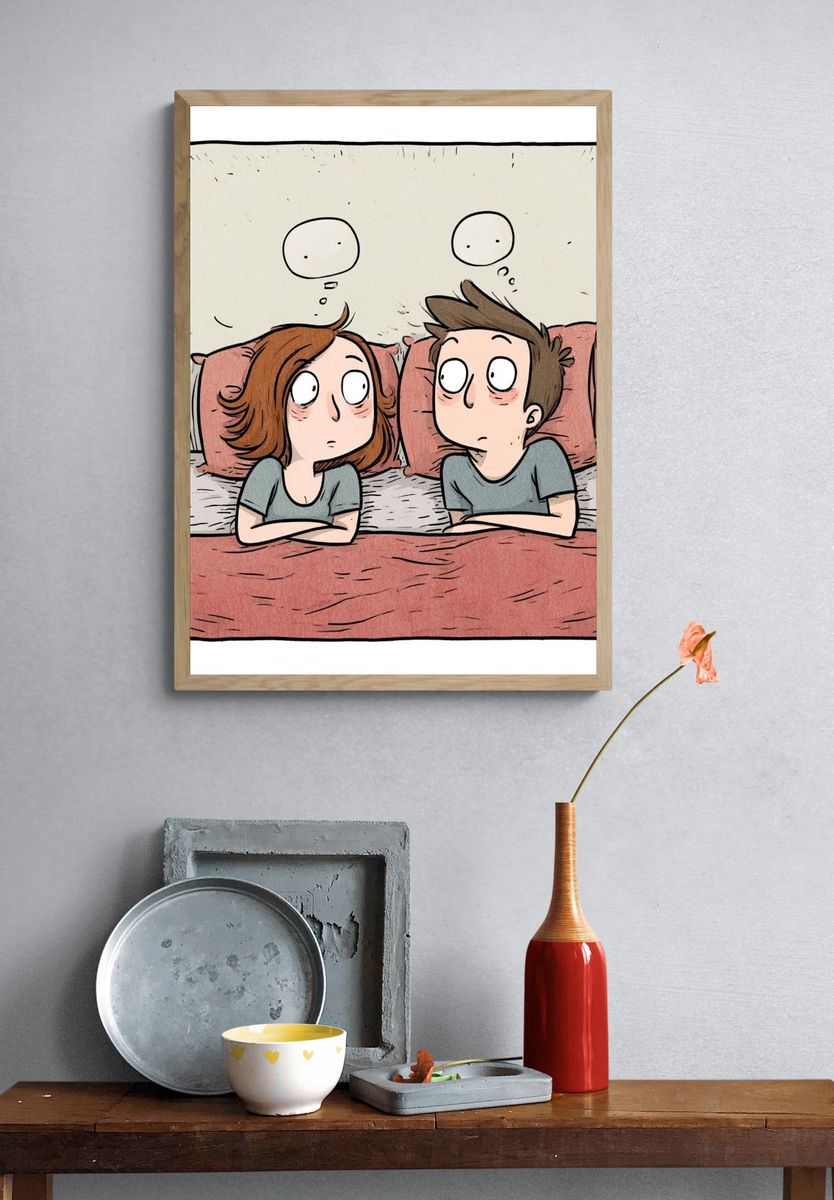 Awkward Couple Bedtime Cartoon Poster. — room view 3